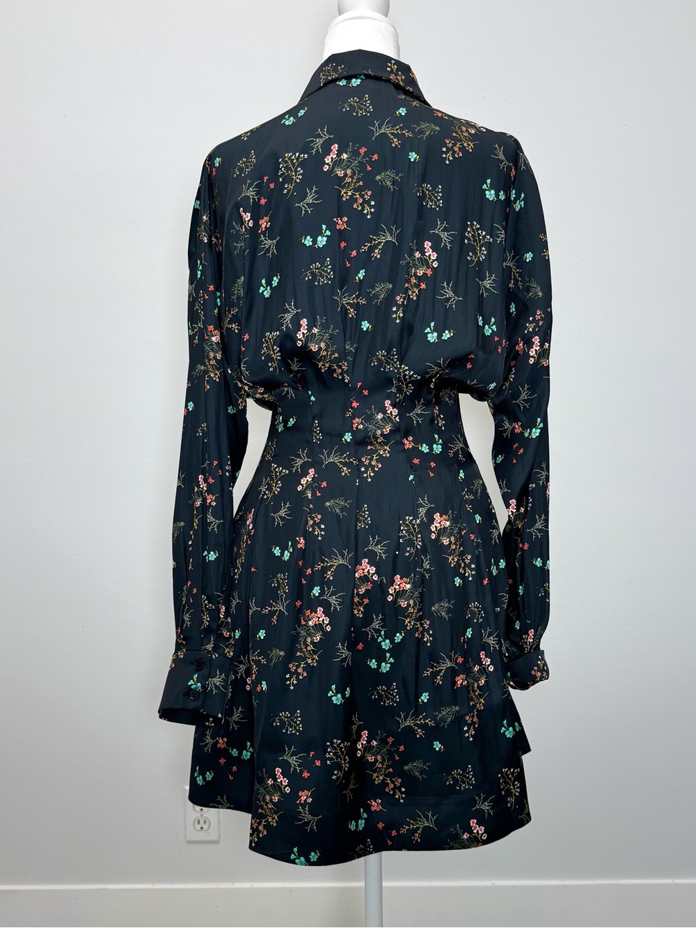 Anthropologie Romantic Tobie Black Satin Floral Mini Shirt Dress NWT M Femme - Picture 10 of 11